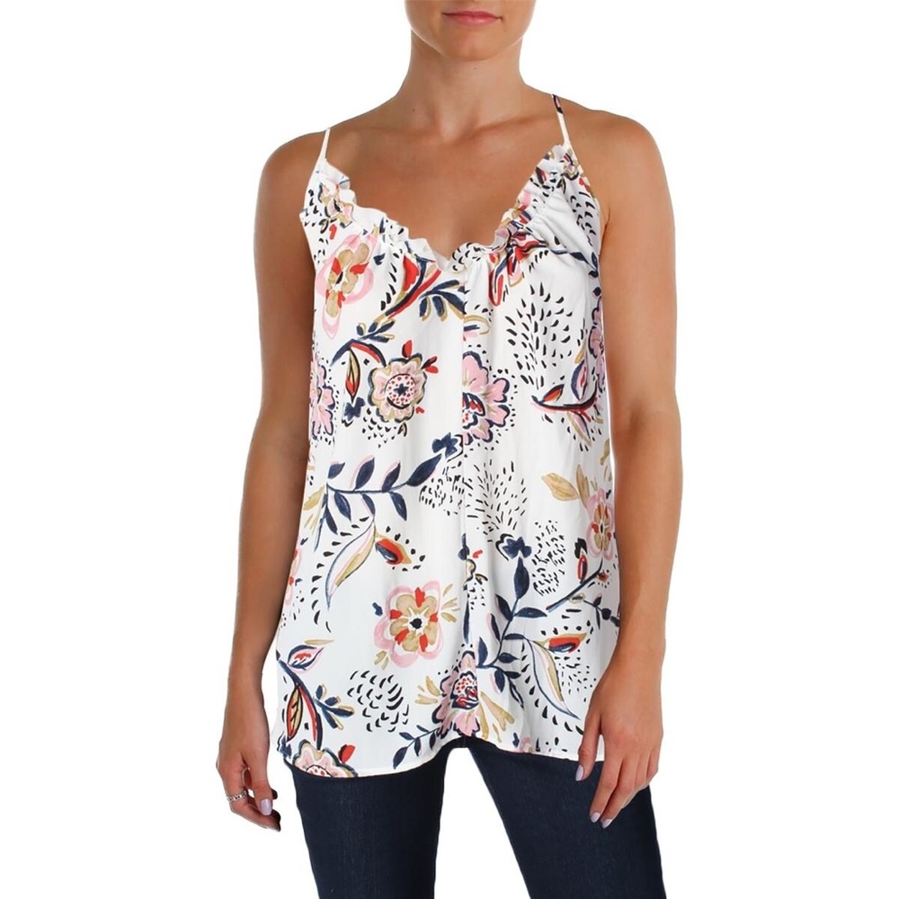 Aqua Printed Floral Tank Top With Tassel